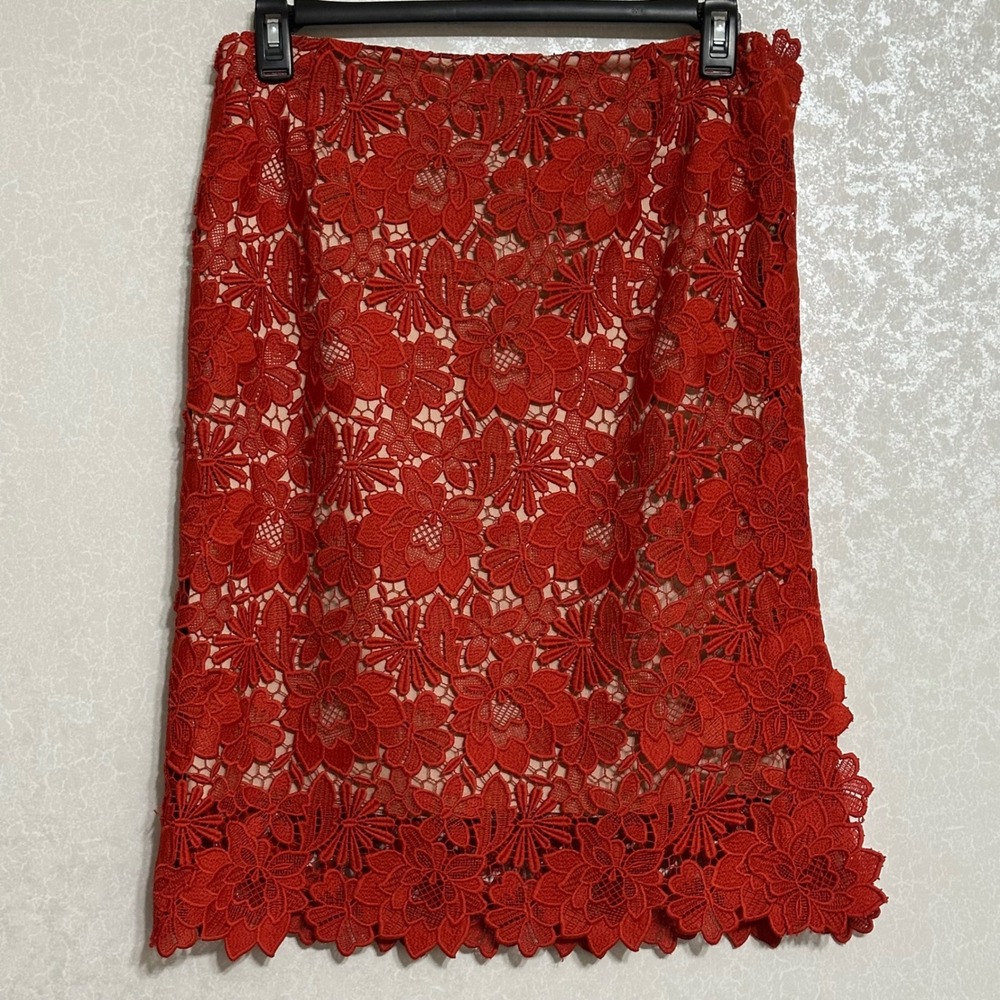 Paule Ka Paris Floral Guipure Lace Pencil MIDI Skirt Red Cocktail Designer Sz 8